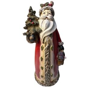 Christmas 2008 Country Santa Holding Tree & Gift Rustic Resin Figurine Decor